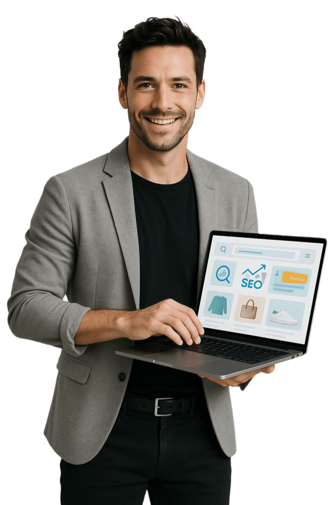 Mann mit Laptop zeigt einen Text mit Produkten