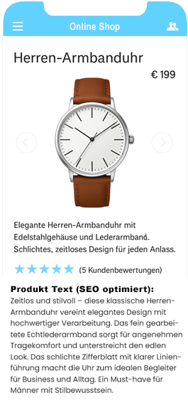 Mobile Ansicht Uhrenshop mit Produkttext